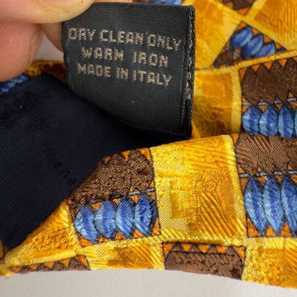 Ermenegildo Zegna Plaid Geometric Design Yellow Blue & Brown Silk Tie L 58" W 4" - Picture 4 of 5